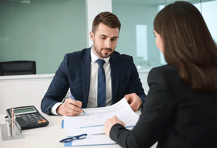 an attorney with a client evaluating documents at the office
