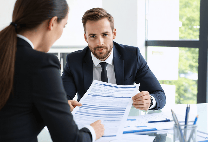 an attorney reviewing insurance documents with a client